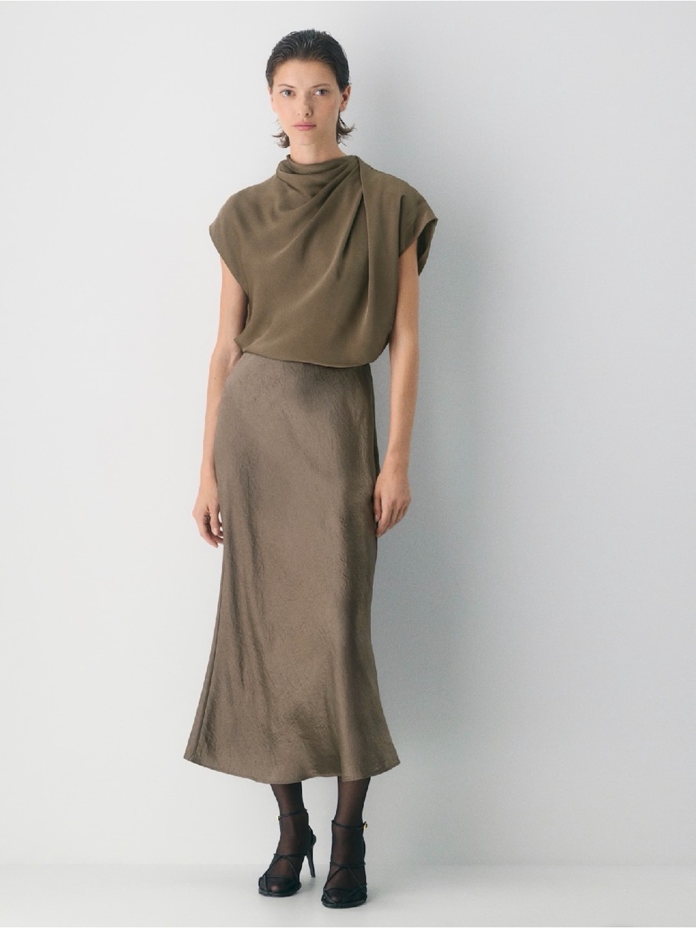 Babaton Olive Slip Satin Maxi Skirt